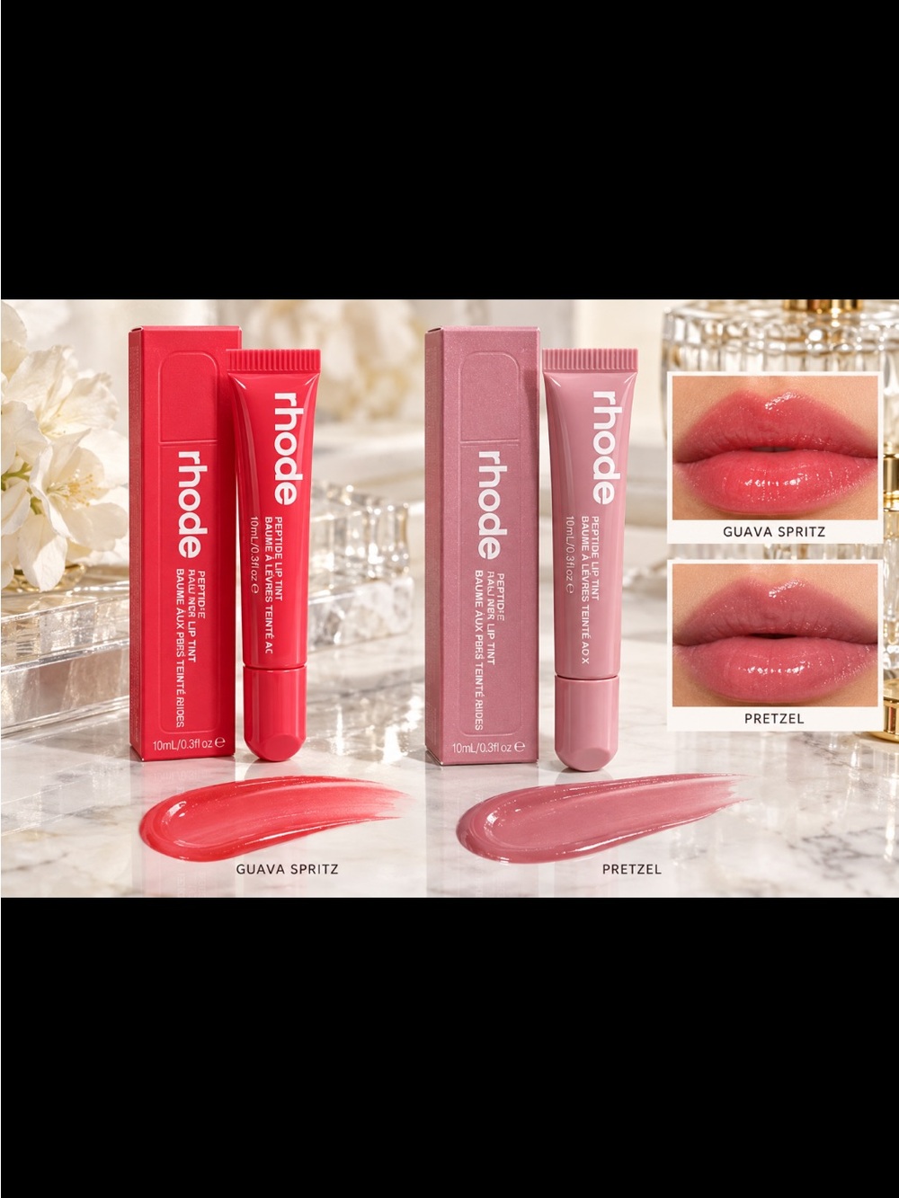 RHODE Sheer Lip Tint Duo — Guava Spritz (Coral) & Pretzel (Soft Pink)